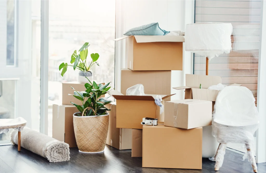 Boxes and bubble-wrapped items stacked in a bright room, featuring a potted plant, a lamp, and a rolled rug, illustrating the challenges of moving and the need for organization.