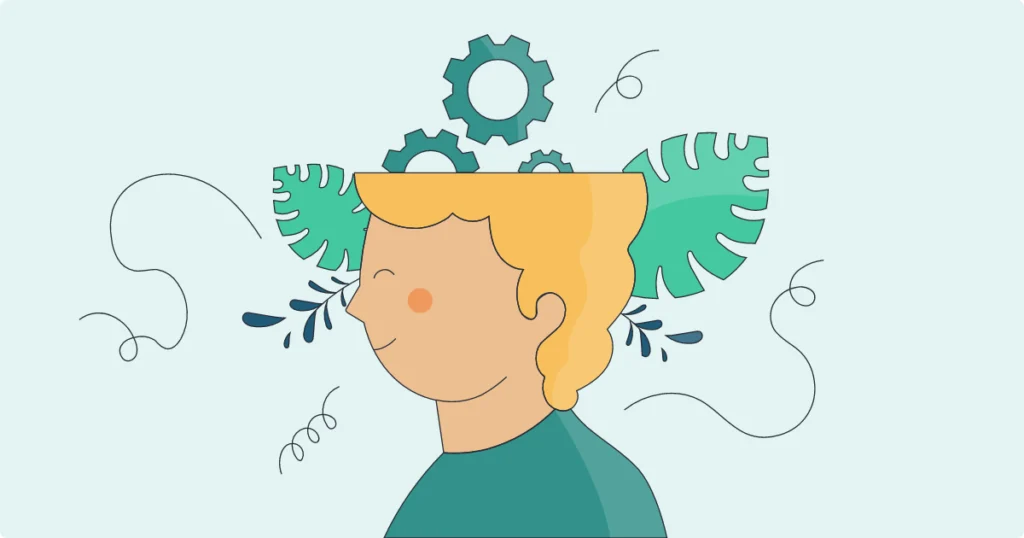 Illustration of a person with gears and leaves above their head, symbolizing the connection between home organizing and mental clarity, reflecting the theme of enhancing mental health through organization.