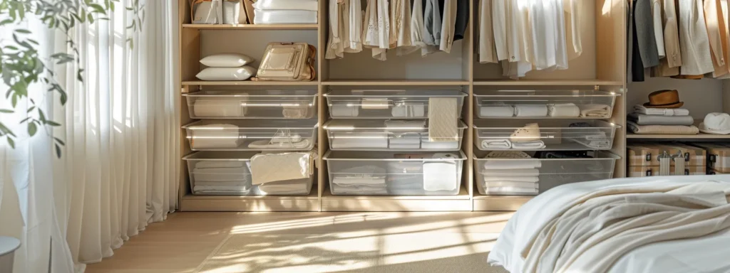 Meticulously organized closet featuring clear storage bins, neatly folded linens, and color-coordinated clothing, enhancing home organization and mental well-being.