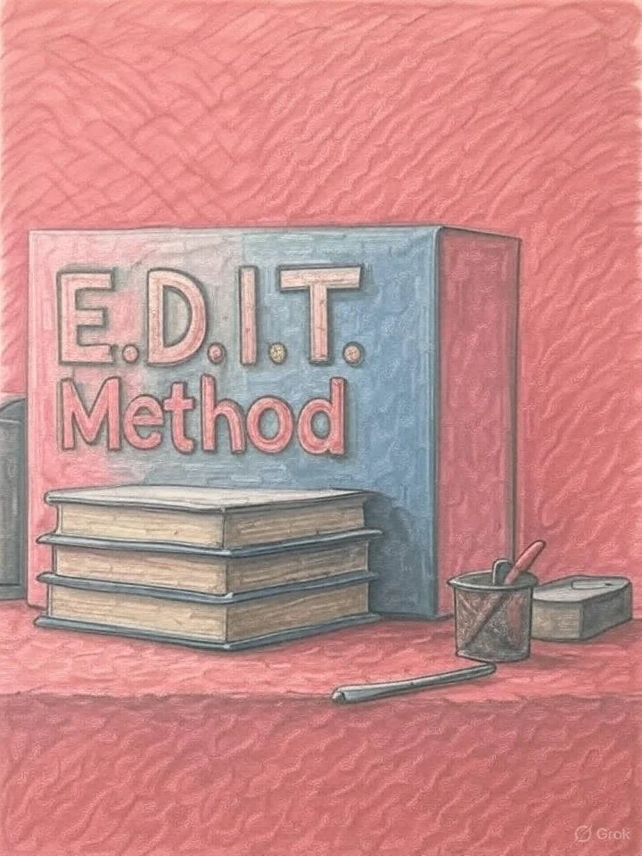 E.D.I.T. Method book with stacked books and organizing tools, symbolizing home organization and decluttering strategies for a more organized life.