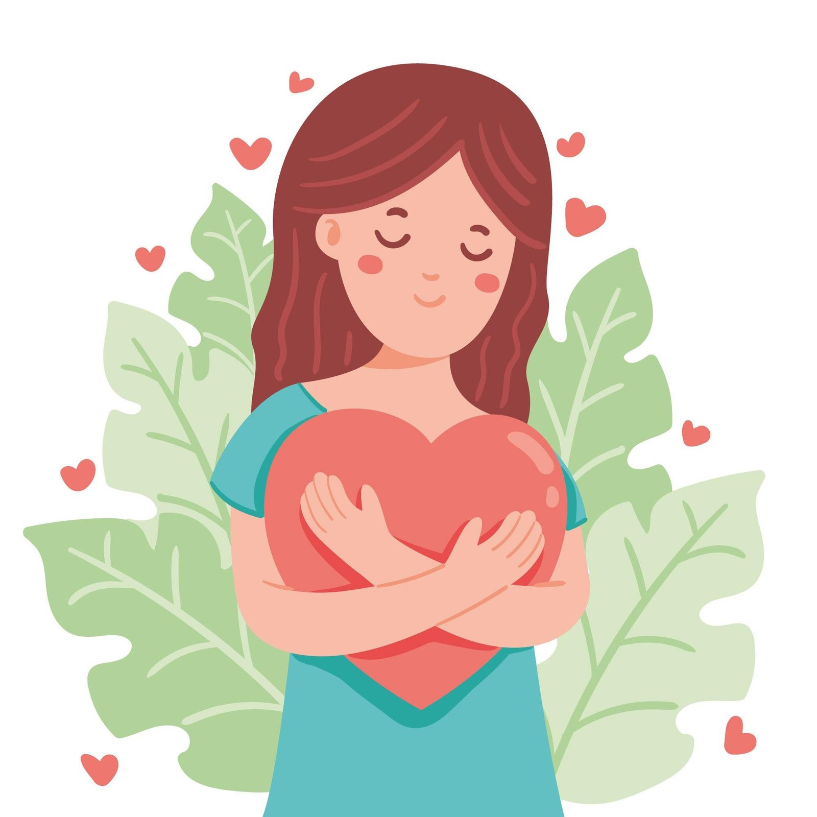 Illustration of a woman holding a large heart, surrounded by green leaves and small hearts, symbolizing self-empowerment and inner strength.