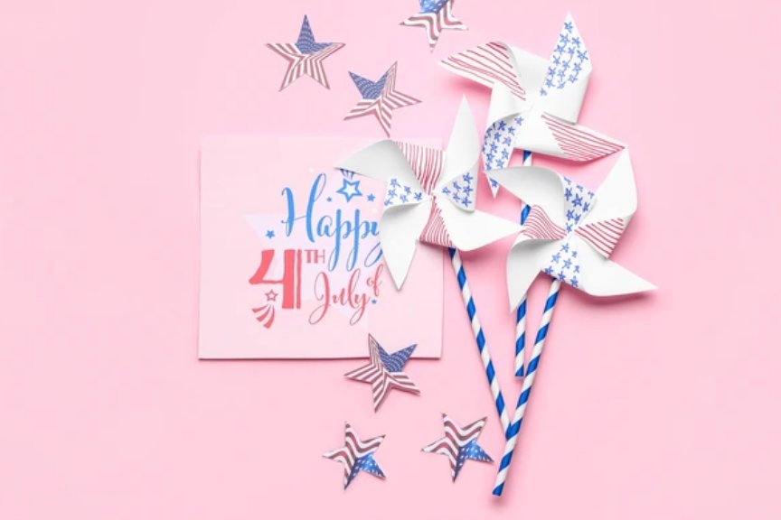 Happy 4th of July greeting card with decorative pinwheels and stars on a pink background, symbolizing summer celebrations and home transformation.