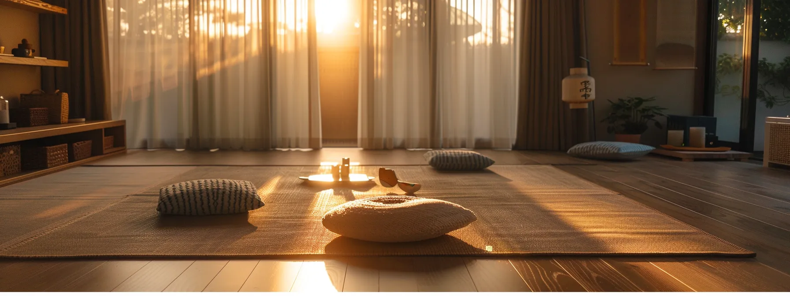 Serene interior space with warm sunlight, floor cushions, and a minimalist decor promoting mental clarity and organization.