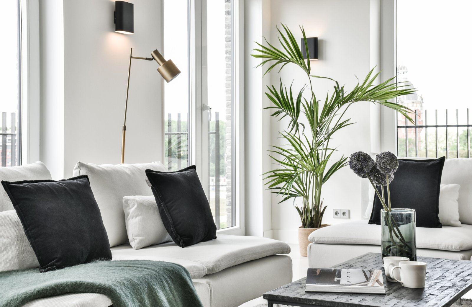 Contemporary living room in Washington, DC with large windows, white sofas adorned with black pillows, green throw blanket, potted plant, and decorative table featuring a magazine and coffee cups, reflecting post-holiday organization and decor tips.