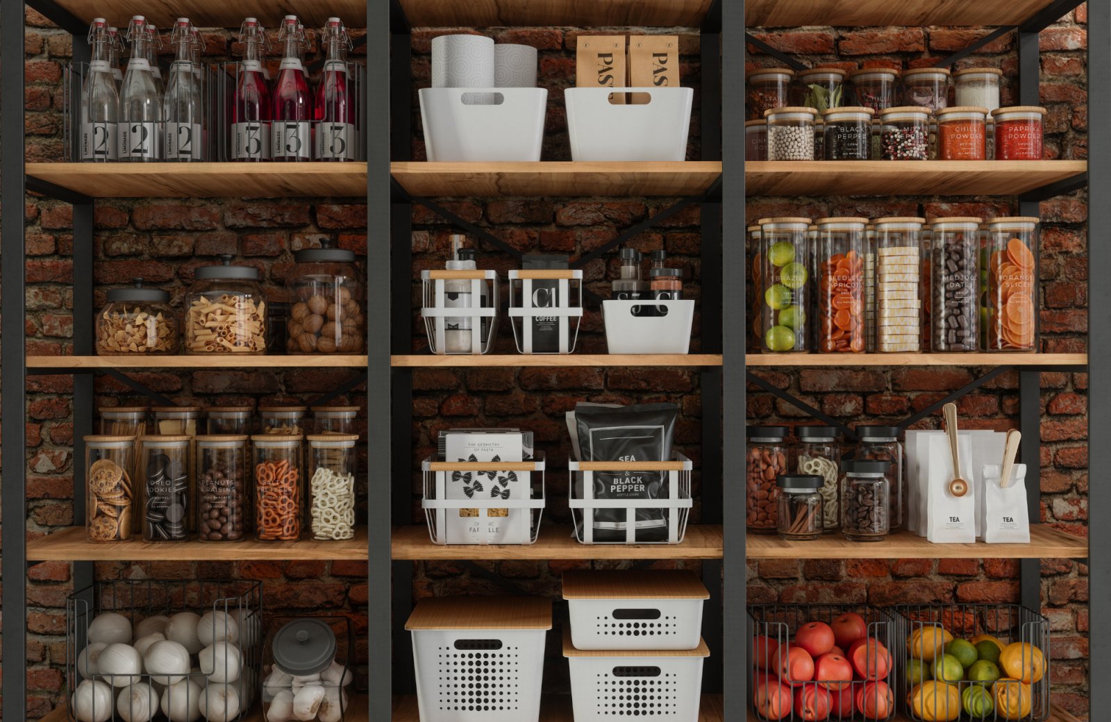 Organized pantry with labeled jars and baskets, featuring various dry goods, snacks, and fresh produce, illustrating effective kitchen organization strategies.