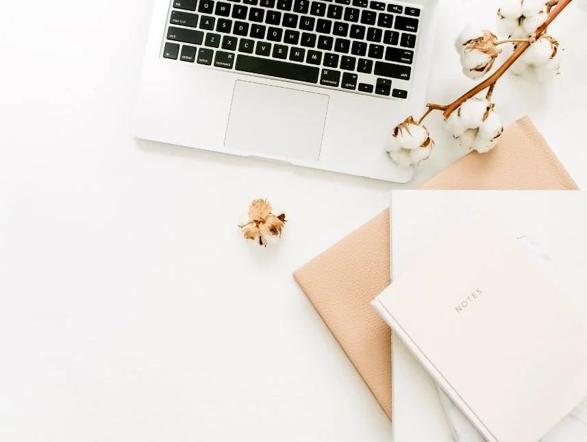 Laptop on a tidy workspace with a journal, notes, and cotton branches, illustrating home organization for achieving New Year’s goals.