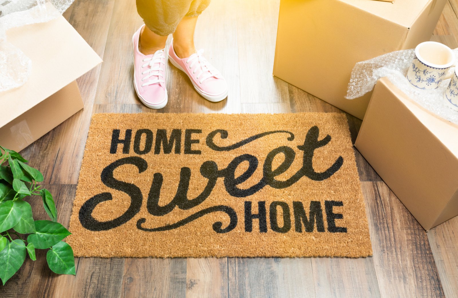 Home Sweet Home doormat with unpacked boxes and a plant, symbolizing the transition to a new home and the unpacking process.